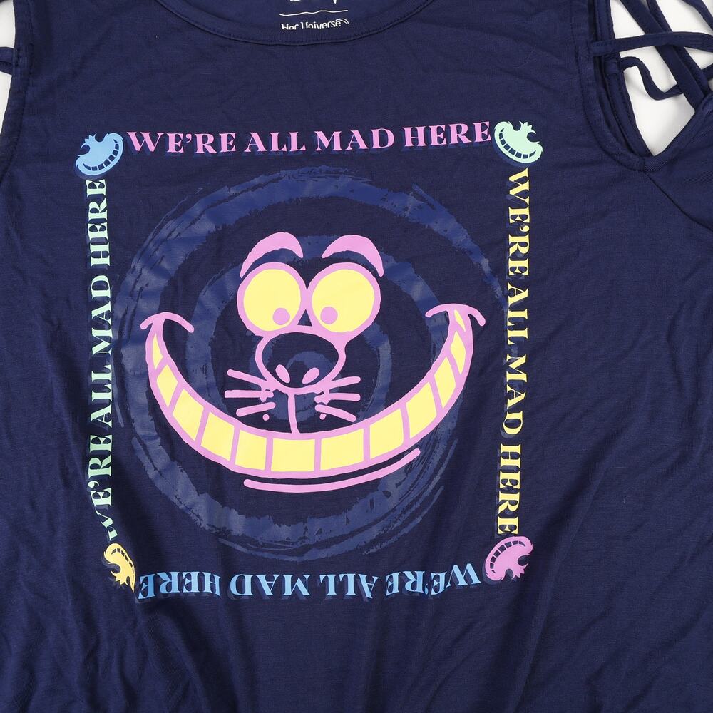 Disney Her Universe Cheshire Cat Womens 2 Shirt Top Cutout Shoulders Blue - Picture 2 of 7